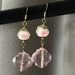 Purple Pink Floral Glass Bead Dangle French Hook Earrings